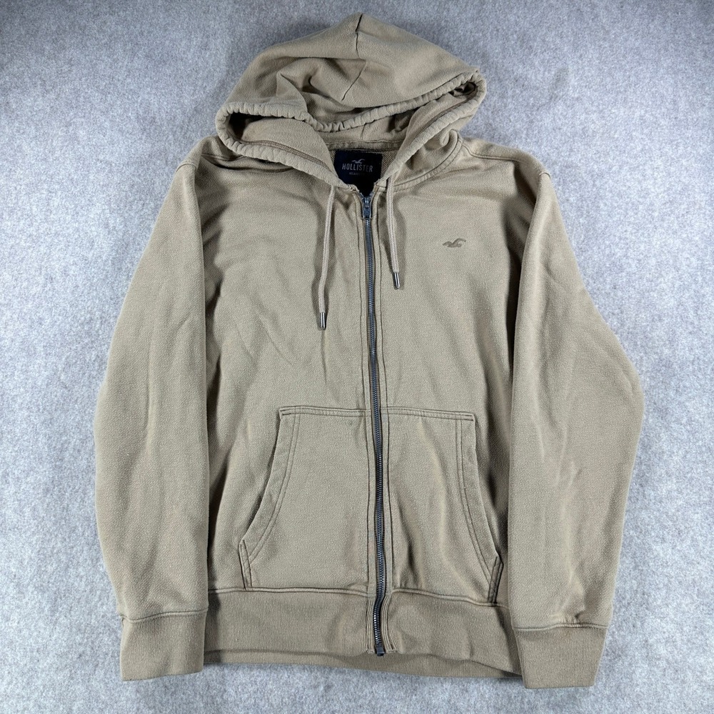 Y2K Hollister Womens Full Zip Hoodie Relaxed Fit Fleece Seagull Logo Tan Size XS